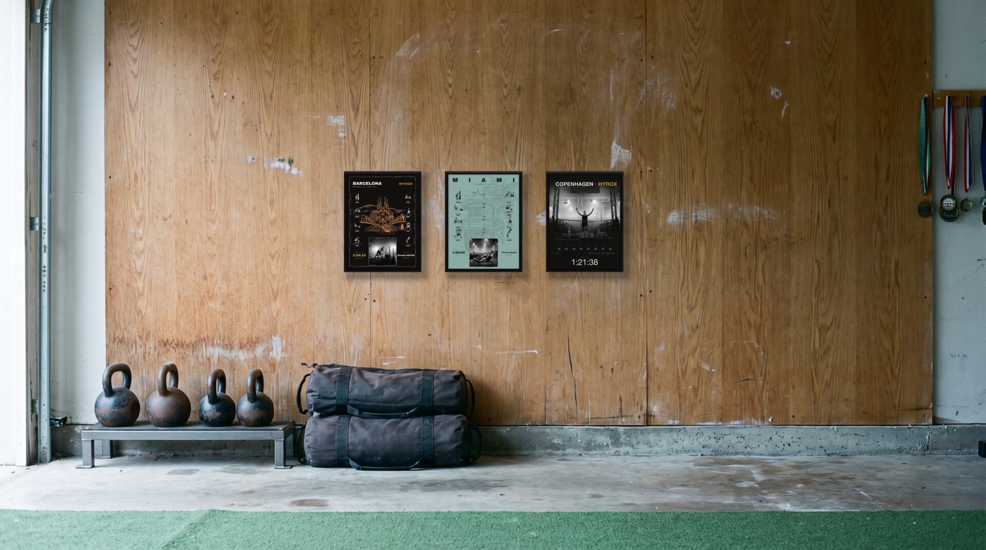 A worn garage gym with three framed race prints on a plywood wall, medals hanging beside them.