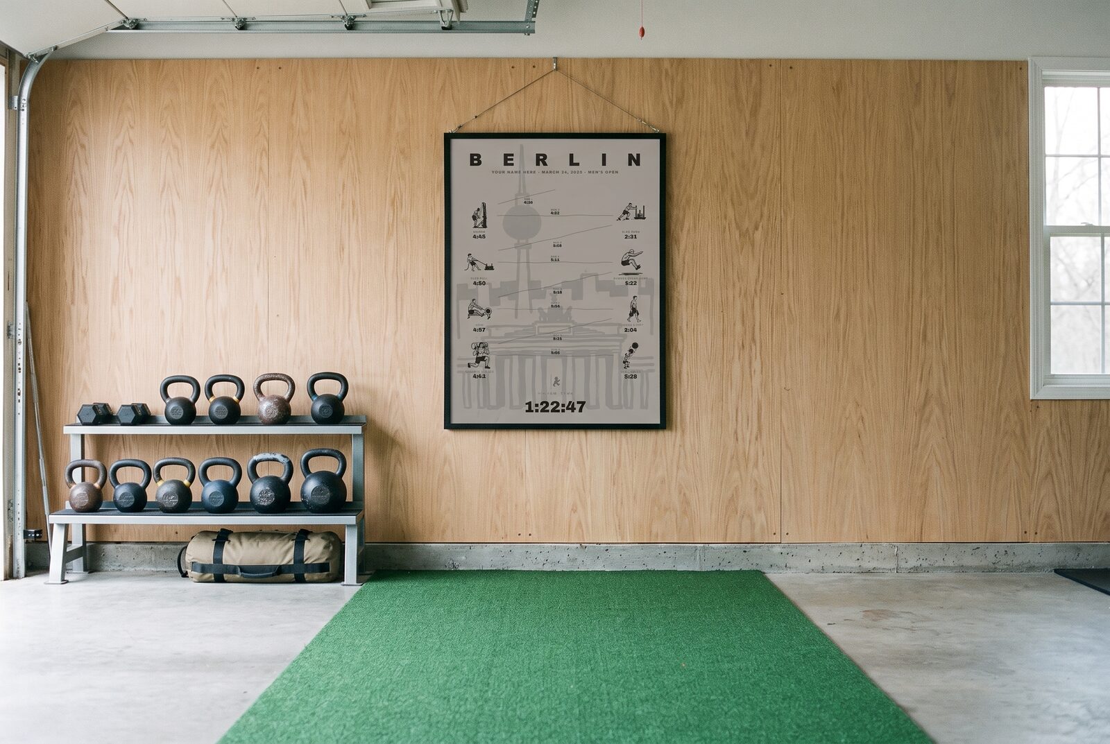The Ink Berlin in a black frame in a garage gym
