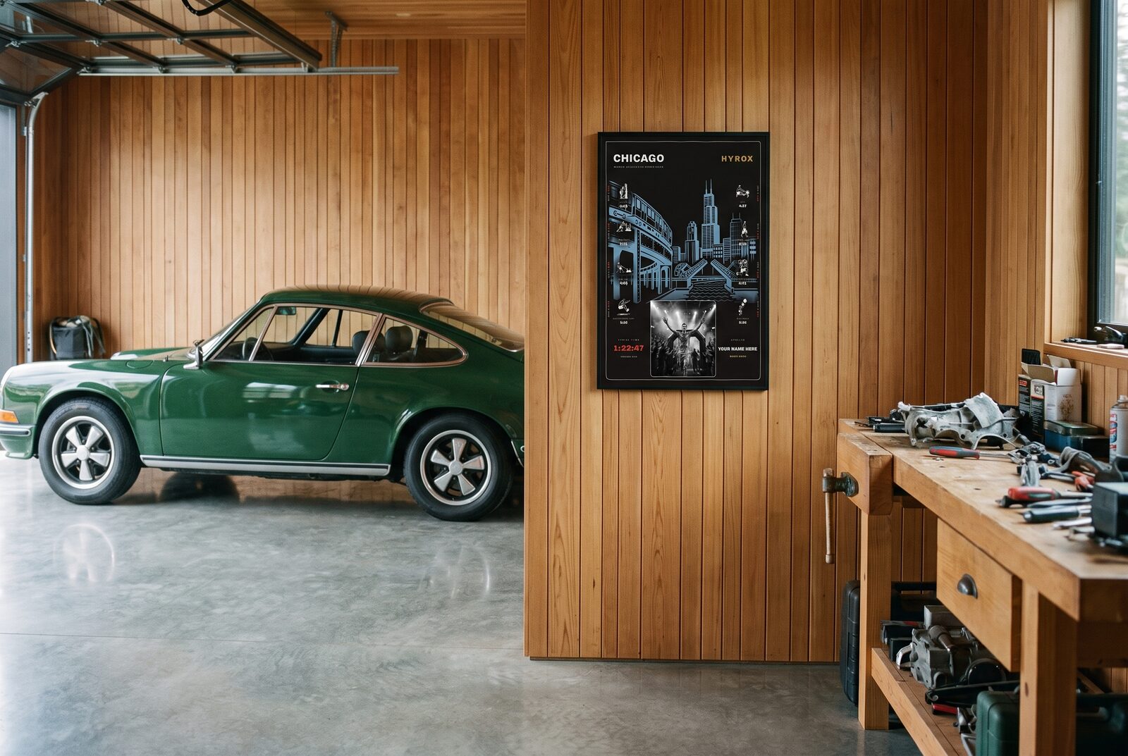 The Noir Chicago with race photo in a black frame in a collector's garage