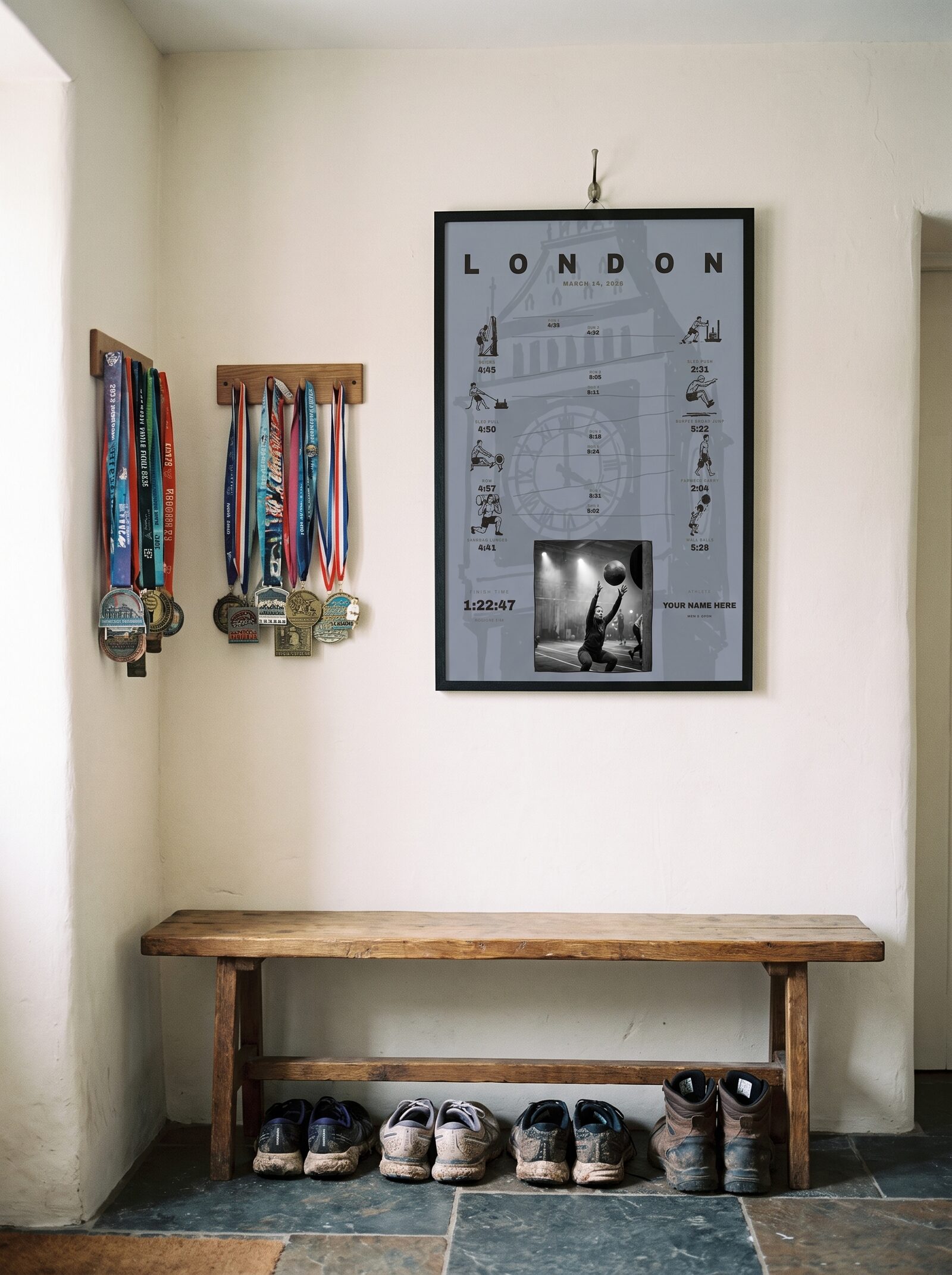 The Ink London with race photo in a black frame in a mud room with race medals on a rack