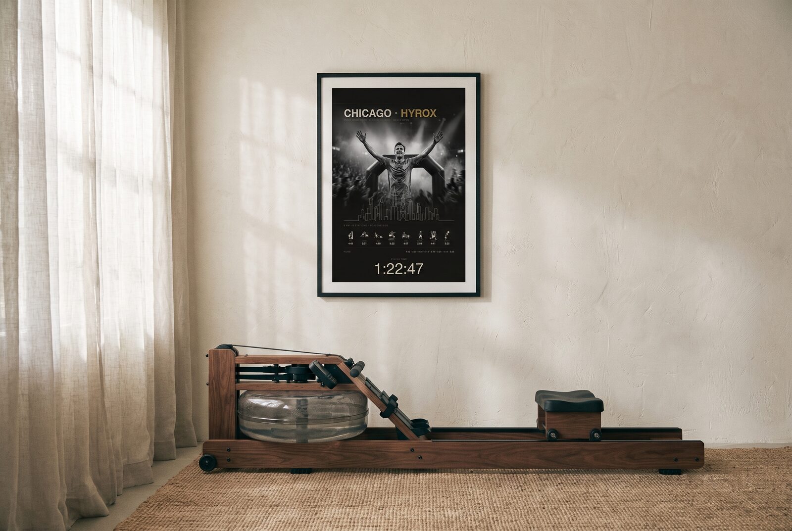 The Cityline Chicago with race photo in a black frame above a water rower