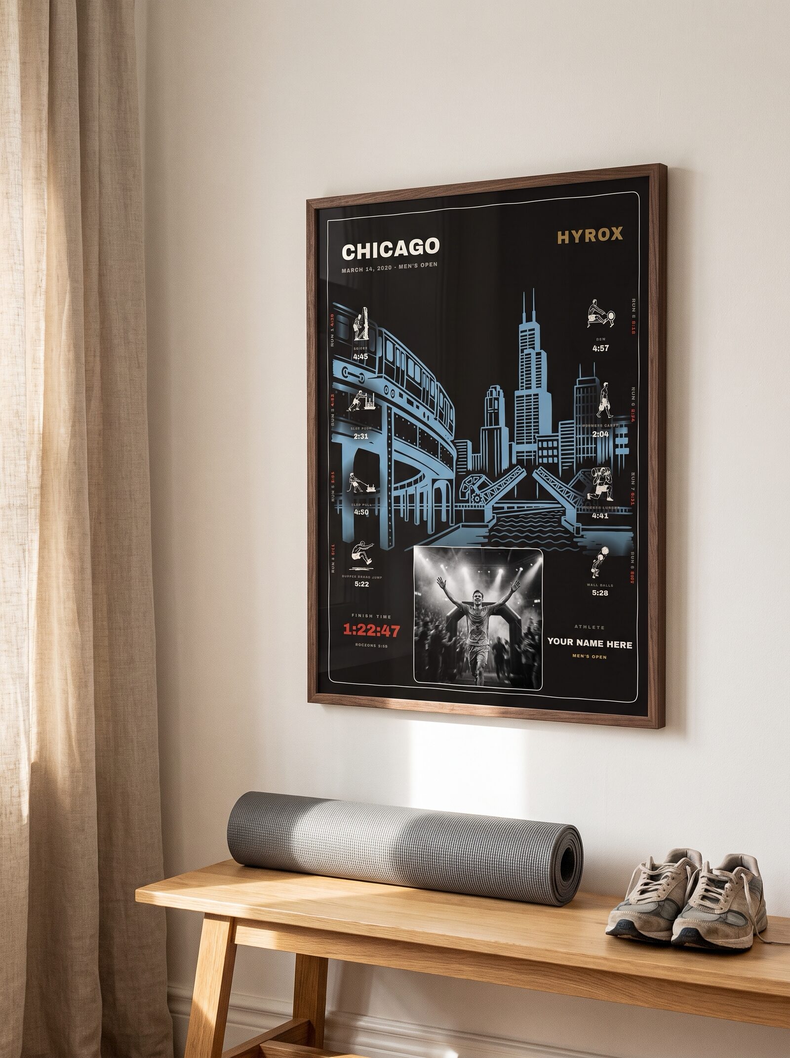 The Noir Chicago with race photo in a dark walnut wood frame above a bedroom bench