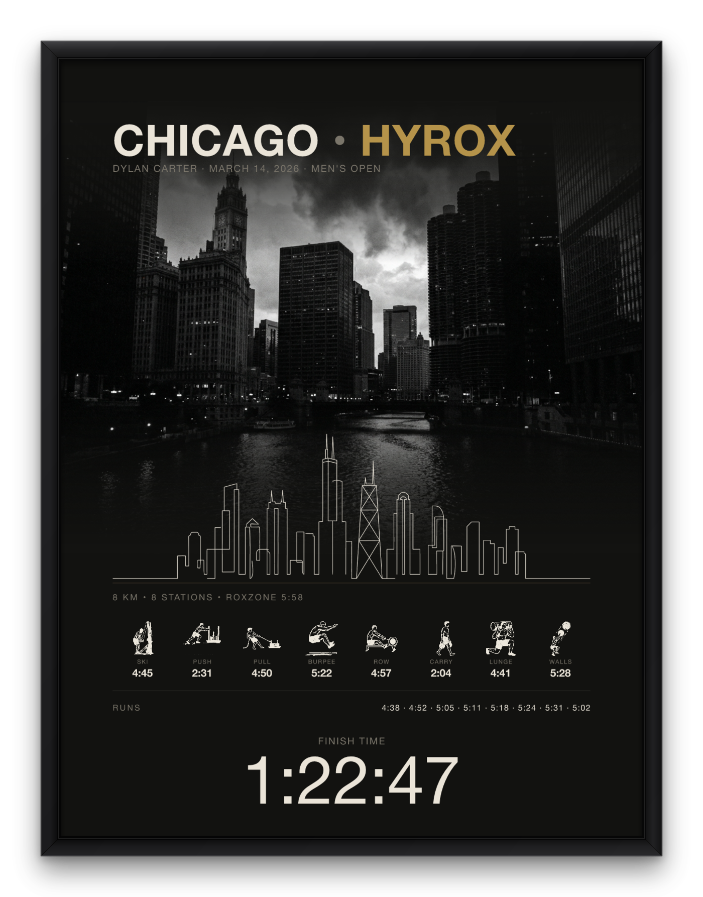 The Cityline Chicago city portrait, framed in black
